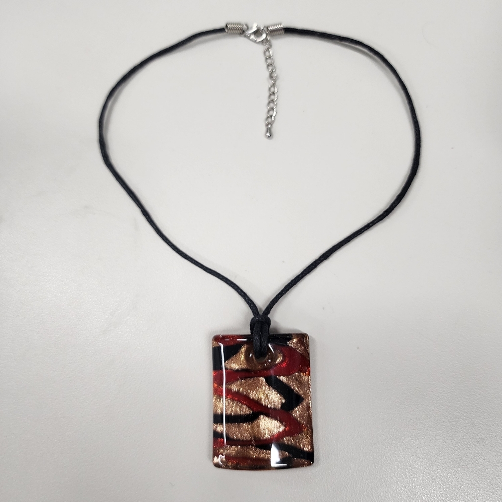 Glass Pendant Necklace Murano Art Handmade Red Black Gold